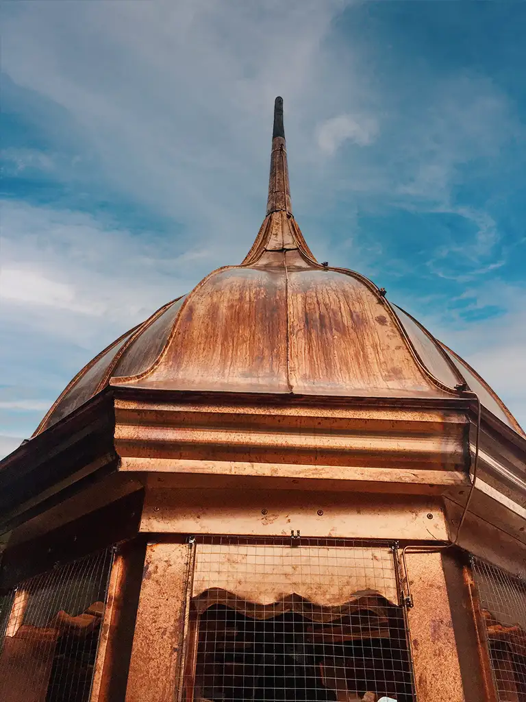 Copper roof structure with vertical supports viewed from above with scaffolding and trees in background.